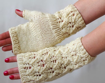 Romantic white Lace arm warmers, knit fingerless gloves, wrist warmers, fingerless mittens, knitted armwarmers, bridal gloves, hand warmers