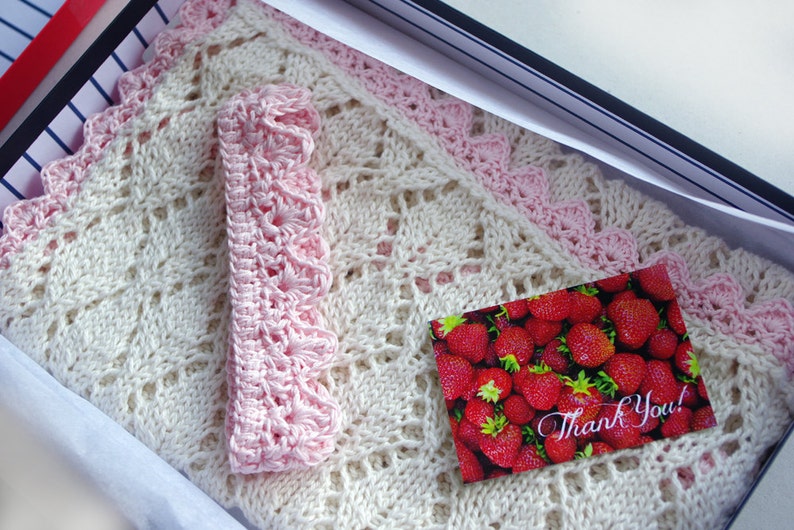 Knit Natural White Baby Blanket and Pink Crown for Newborn, Car Seat