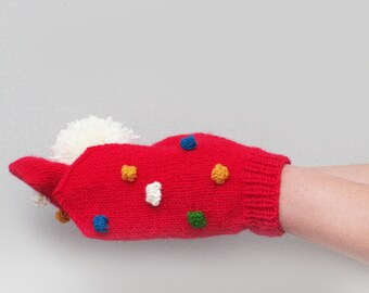 Good mood mittens, red mittens with colorful dots, teens knit mitts, womens wool mittens, winter gloves, women knit mittens, winter wear