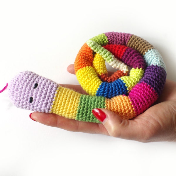 Amigurumi striped rainbow color snake, baby safe toy, stuffed animal, crochet cotton snake, striped snake, crochet reptile,  toy snake