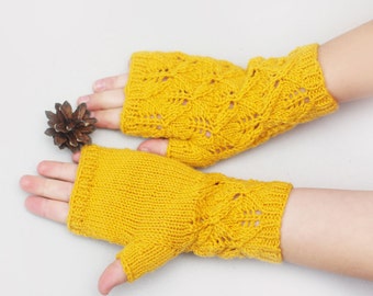 Kids Fingerless gloves, knit lace gloves, yellow wool mittens, fingerless mittens, gloves kids 7T-10T, kids knitted mittens, hand warmers