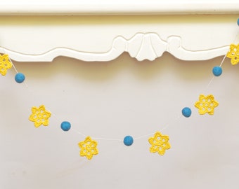 Garand with crochet yellow flower and blue pom pom , Felt balls bunting, Home decor
