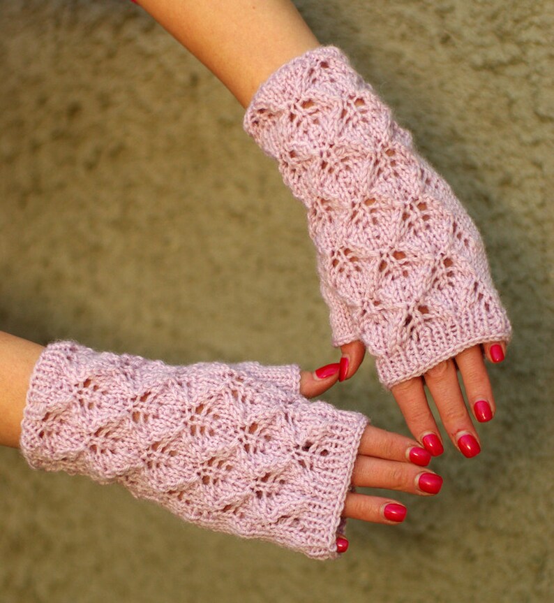 Dusty Pink Lace Fingerless Gloves Wool Arm Warmers Knit Etsy