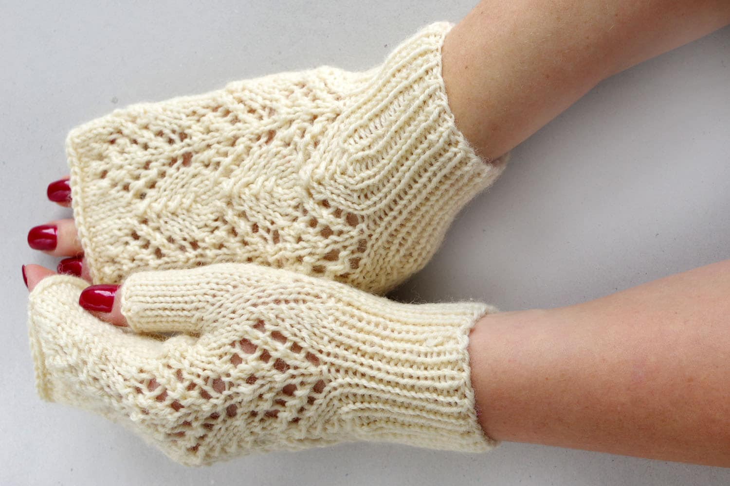 White Fingerless Gloves, Knit Wool Arm Warmers, Lace Wrist Warmers