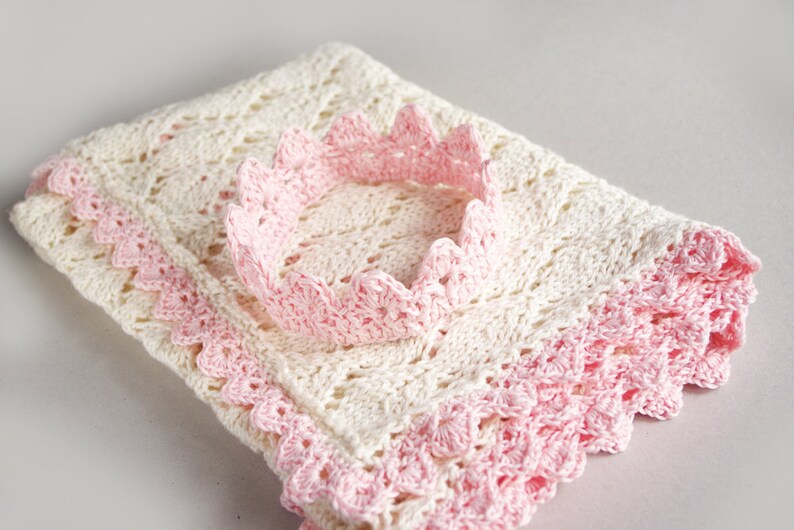 Knit Natural White Baby Blanket and Pink Crown for Newborn, Car Seat