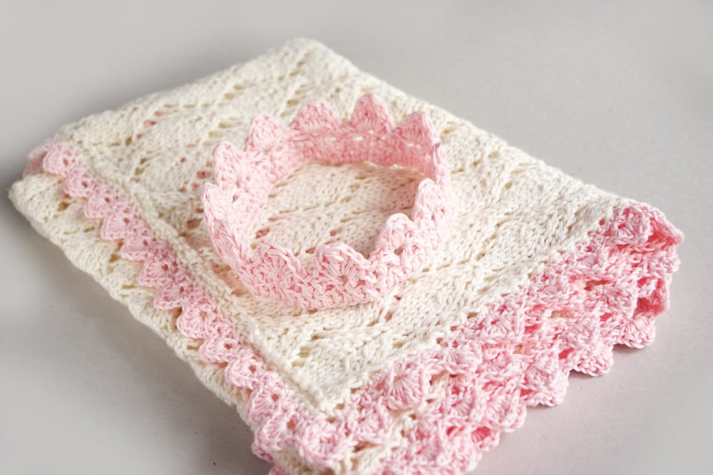 Knit Natural White Baby Blanket and Pink Crown for Newborn, Car Seat