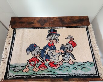 Disney Oom Dagobertapijt tapijt, Vintage jaren 2000 Disney Ducktales 100% katoenen tapijten, Oom Dagobert Duck en neefjes tapijt