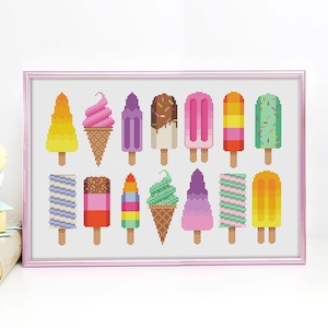May include: A framed cross-stitch design featuring a variety of colorful popsicles and ice cream cones. The design includes a variety of flavors and toppings, such as chocolate, sprinkles, and fruit.