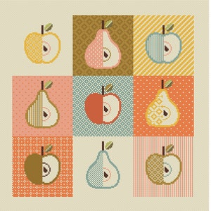 May include: A colorful patchwork design featuring nine squares with alternating images of pears and apples. Each fruit is cut in half and has a different pattern and color scheme. The background is a light beige.