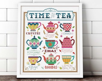 May include: A cross-stitch pattern featuring a variety of teacups and teapots with different tea flavors, including chamomile, ginger, echinacea, peppermint, chai, rosehip, fennel, rooibos, and lemon balm. The text "TIME for TEA" is at the top of the pattern.
