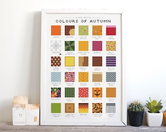 May include: A framed cross-stitch pattern with the title "Classic British Colours of Autumn." The pattern features 25 different squares, each representing a different autumnal activity or item, such as fallen apples, warm apple cider, and pumpkin.