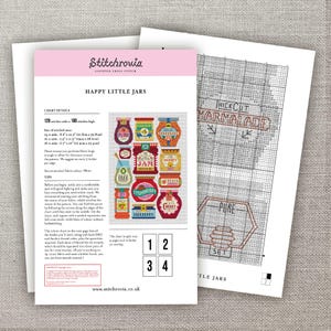 May include: A cross-stitch pattern titled "Happy Little Jars" featuring a colorful design of various jam jars. The pattern includes a chart with color codes and instructions. The design is 120 stitches wide and 180 stitches high.