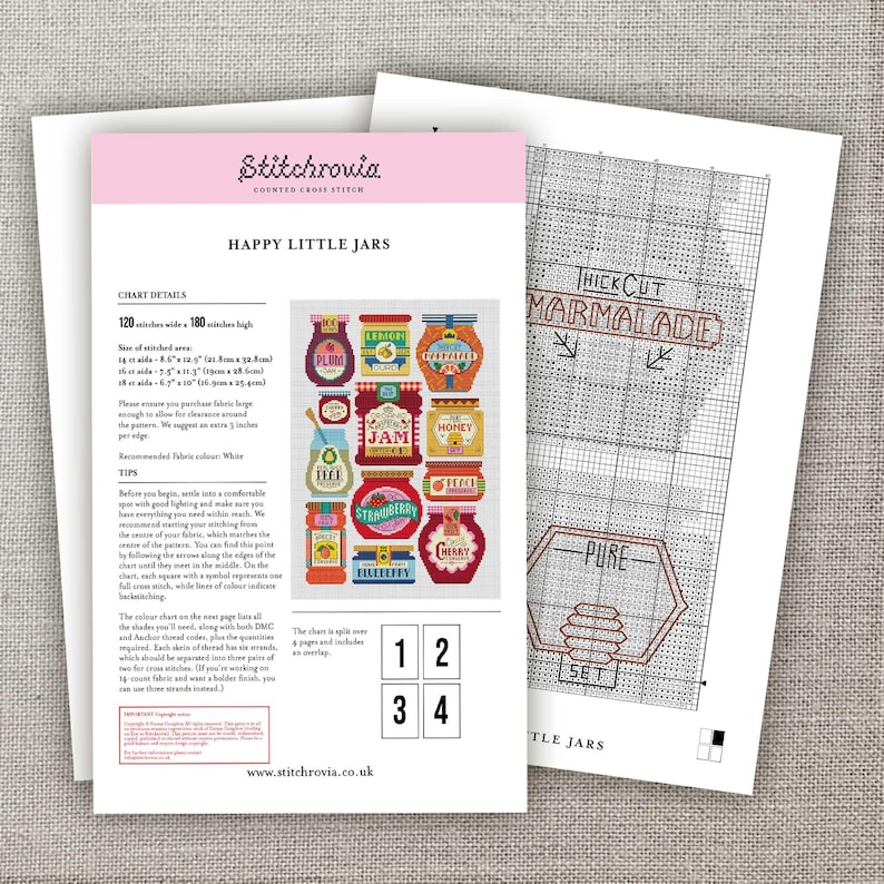 May include: A cross-stitch pattern titled "Happy Little Jars" featuring a colorful design of various jam jars. The pattern includes a chart with color codes and instructions. The design is 120 stitches wide and 180 stitches high.