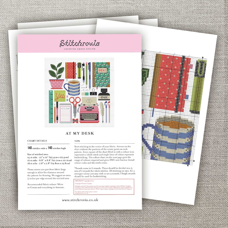 May include: A cross stitch pattern for a colorful illustration of a desk with a typewriter, coffee cup, pencils, and other office supplies. The pattern is titled "At My Desk" and includes instructions for stitching.