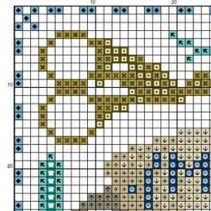 Puede incluir: Un patr&oacute;n de punto de cruz con un esquema de color marr&oacute;n, azul y blanco. El patr&oacute;n presenta un dise&ntilde;o estilizado con flechas, cuadrados y otras formas geom&eacute;tricas.