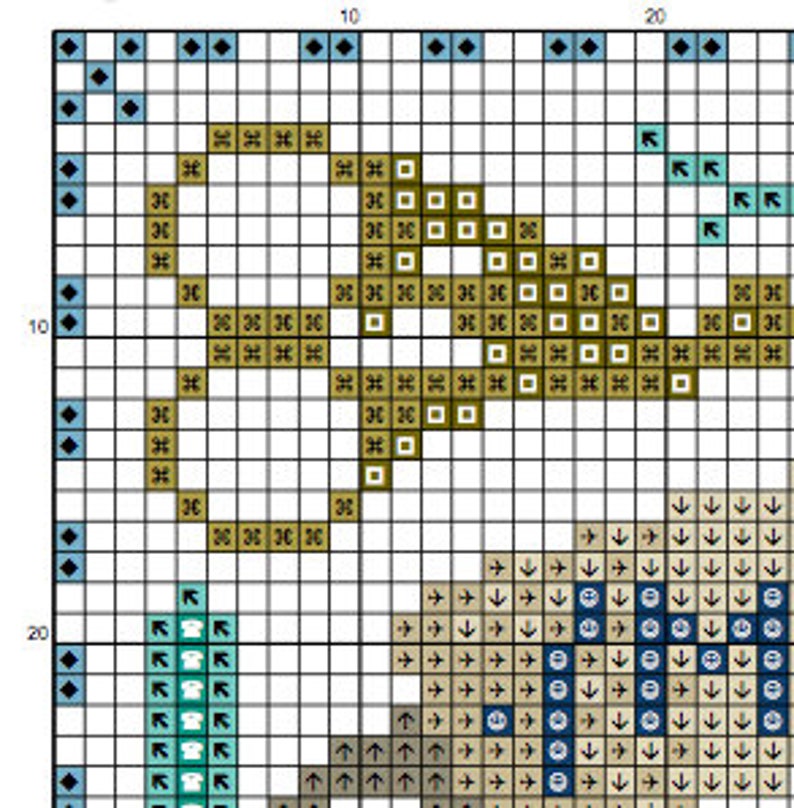 Puede incluir: Un patr&oacute;n de punto de cruz con un esquema de color marr&oacute;n, azul y blanco. El patr&oacute;n presenta un dise&ntilde;o estilizado con flechas, cuadrados y otras formas geom&eacute;tricas.