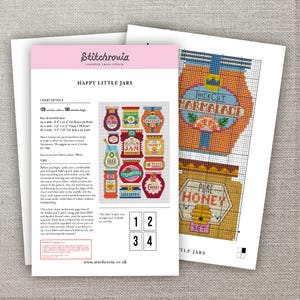 May include: Cross-stitch pattern titled "Happy Little Jars" featuring colorful illustrations of various jam jars. The pattern includes detailed charts and instructions for creating the designs. The chart is 120 stitches wide and 180 stitches high.