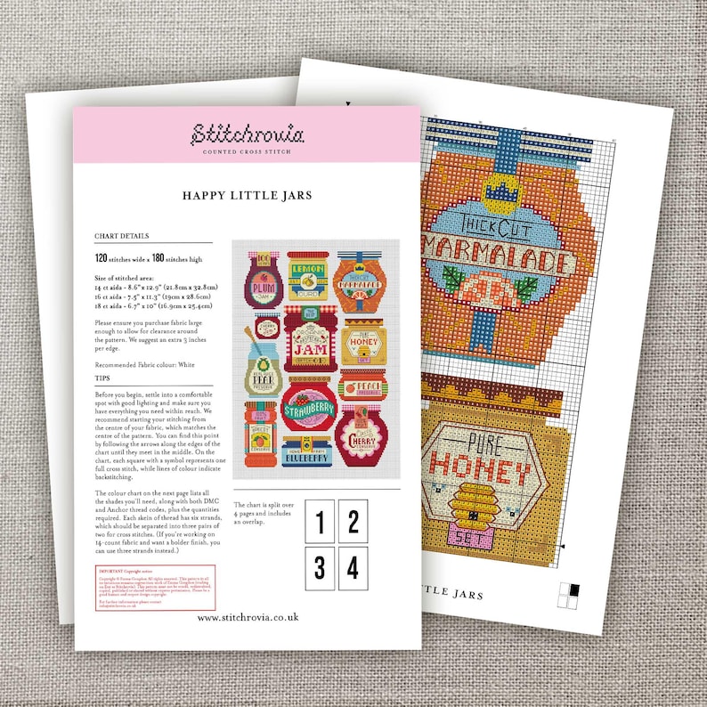 May include: Cross-stitch pattern titled "Happy Little Jars" featuring colorful illustrations of various jam jars. The pattern includes detailed charts and instructions for creating the designs. The chart is 120 stitches wide and 180 stitches high.