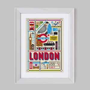 Op de afbeelding: Een kleurrijke pixel art-illustratie van Londense bezienswaardigheden, waaronder Big Ben, een rode dubbeldekkerbus, een zwarte taxi en het London Eye. De tekst "LONDON" staat in grote, vetgedrukte letters. De zin "THERE'S NO PLACE LIKE IT" is ook opgenomen.
