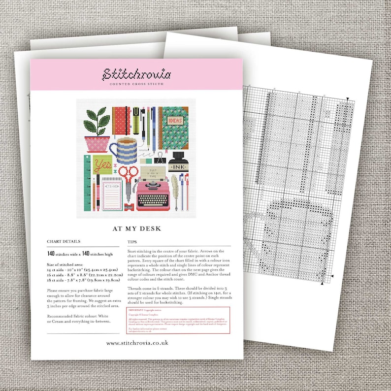 May include: A cross stitch pattern for a colorful illustration of a desk with a typewriter, pencils, a cup of coffee, and the words "At My Desk". The pattern is 140 stitches wide by 140 stitches high.