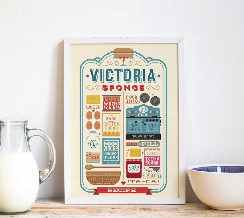 Victoria Sponge Recipe Cross Stitch design in white frame next to a jug of milk and bowl