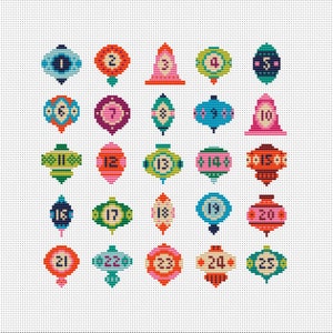 May include: A colorful cross-stitch pattern of 25 Christmas ornaments, each with a different number from 1 to 25. The ornaments are in various shapes and colors, including red, green, blue, yellow, and pink.