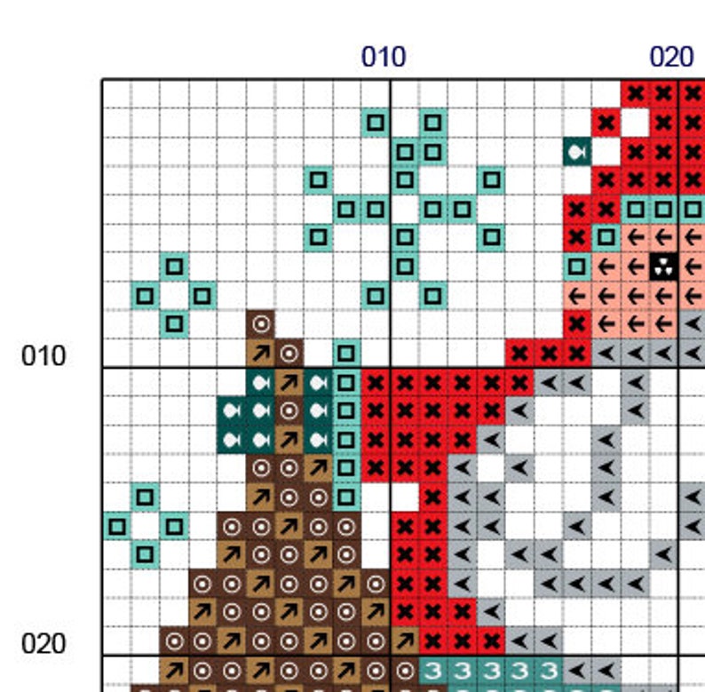 May include: A cross stitch pattern featuring a red, gray, and teal design. The pattern includes arrows, squares, and other geometric shapes.