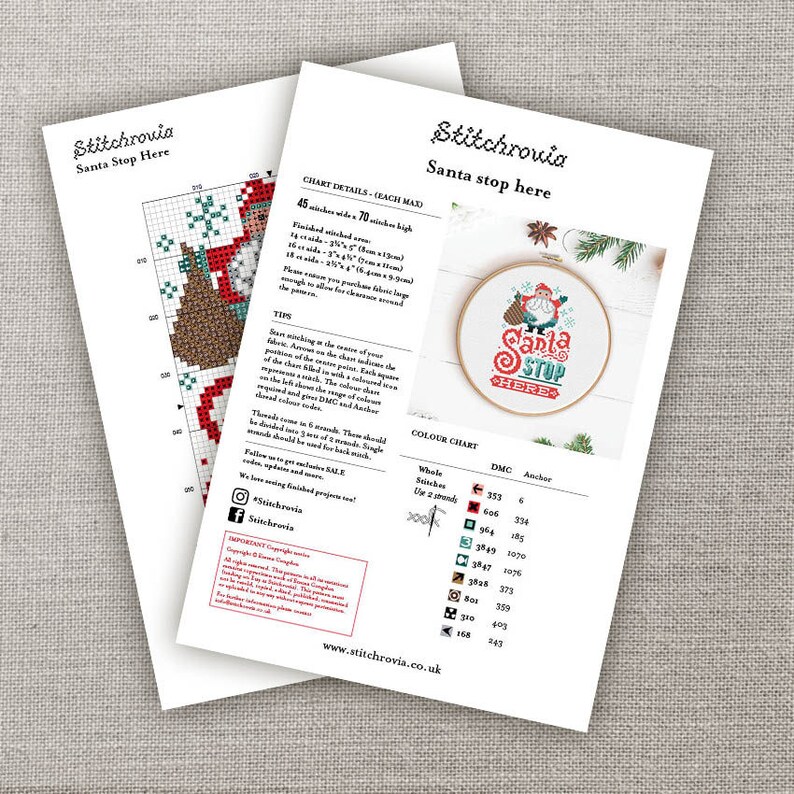 May include: Cross stitch pattern for a Santa Stop Here design. The pattern includes a color chart with DMC and Anchor thread numbers. The finished design is 4.5 inches wide by 7 inches high.