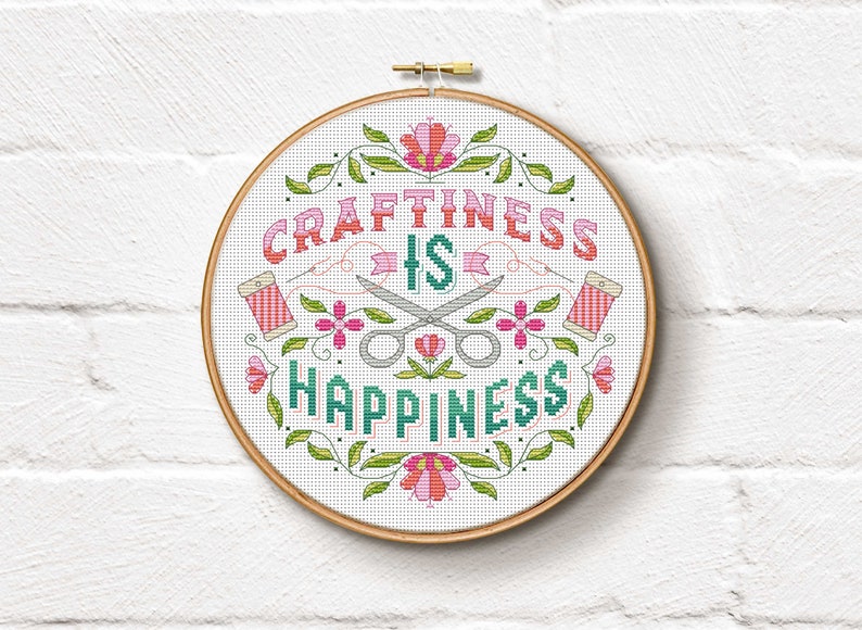 Craftiness is Happiness Cross Stitch Pattern Digital Format PDF image 1