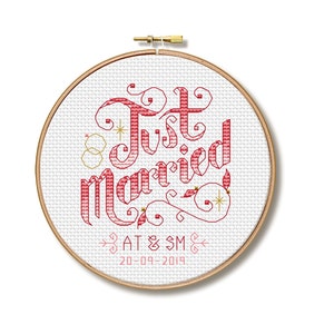 Just Married - Modèle de point de croix de mariage personnalisable (Format numérique - PDF)