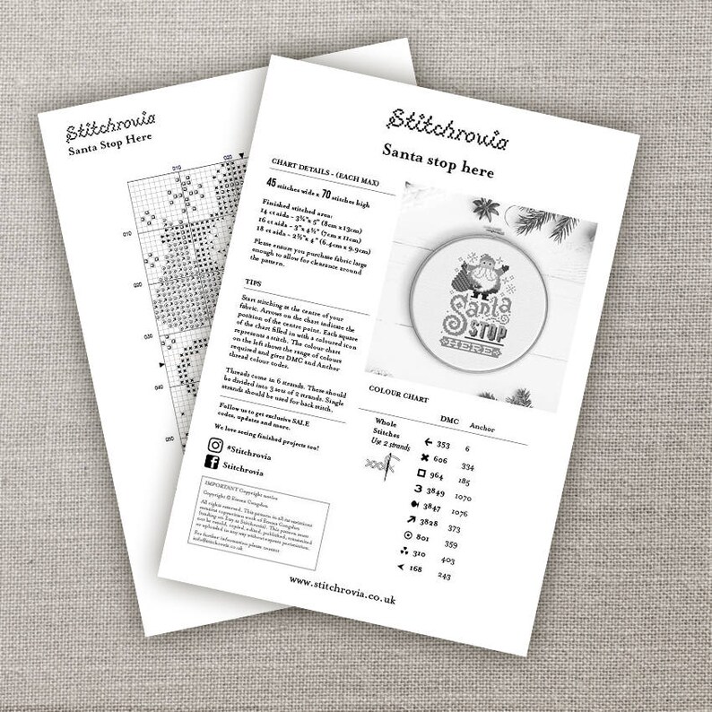 May include: A black and white cross stitch pattern for a Santa Stop Here design. The pattern includes a Santa Claus character with a red hat and beard, a Christmas tree, and the text "Santa Stop Here". The pattern is 45 stitches wide and 70 stitches high.