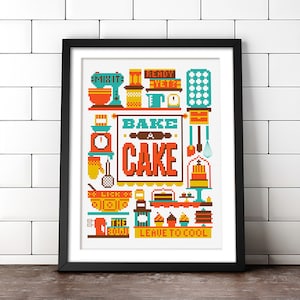 Könnte beinhalten: Ein farbenfrohes Kreuzstichmuster mit dem Text "Bake a Cake", umgeben von Küchenutensilien und Zutaten. Das Muster enthält einen Mixer, Messbecher, einen Nudelholz, eine Kuchenform und einen Kuchen mit Kerzen.