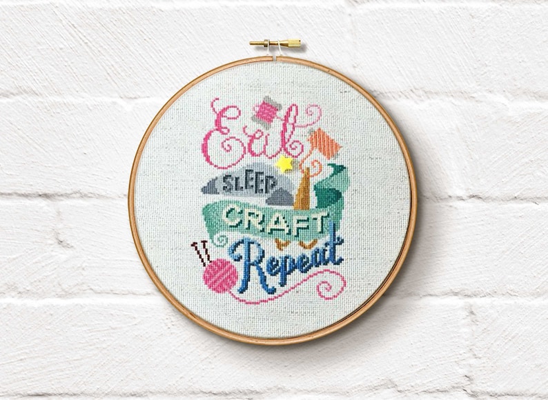 Eat Sleep Craft Repeat Cross Stitch Pattern Digital Format PDF image 1