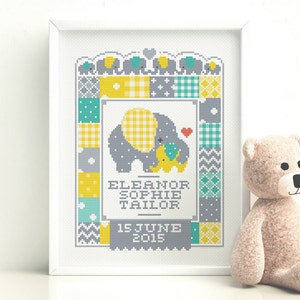 Elephant Birth Sampler - Customisable Cross Stitch Pattern (Digital Format - PDF)