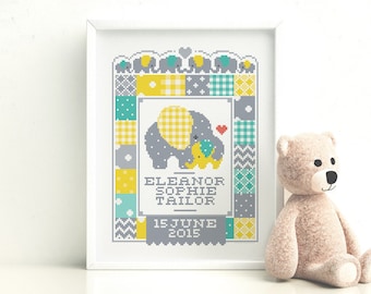 Elephant Birth Sampler - Customisable Cross Stitch Pattern (Digital Format - PDF)