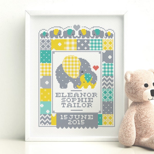 Campione nascita elefante - Schema punto croce personalizzabile (formato digitale - PDF)