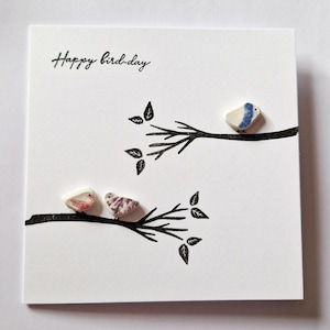 Happy Bird-day Sea pottery card: birds birthday greeting
