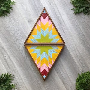 Geometric Wood Wall Art with Star Quilt Block Pattern. Two Piece Set. Wooden Triangle Wall Hanging. Rustic Wall Decor. Eclectic Maximalist
