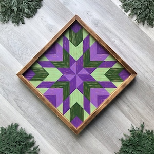 Wooden Star Barn Quilt. Rustic Wood Wall Art. Mosaic Bursting Star Quilt Block Pattern. Colorful Americana Folk Art. Green and Purple Decor