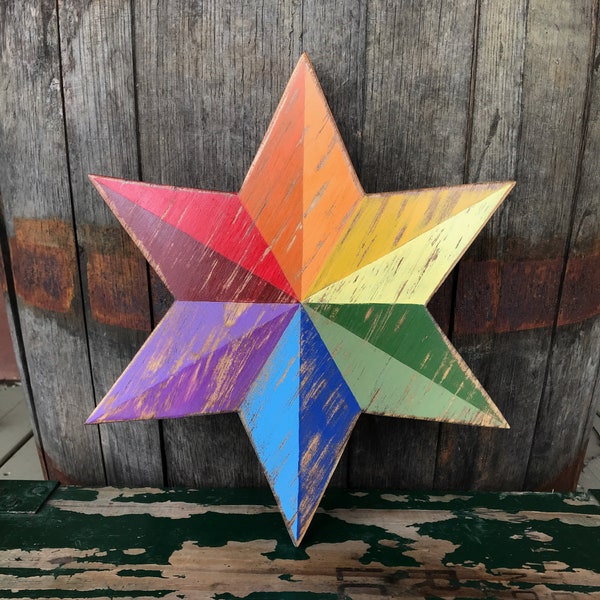 Wooden Star. Small Rainbow Star Decor for Wall, Shelf, or Mantel. Outdoor Stars. Colorful Porch, Garden Shed, Fence, or Pool Decor. Wall Art