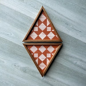 Colorful Rustic Wood Wall Art. 2 Piece Set. Triangle Wall Decor with Painted Quilt Block Pattern. Geometric Wall Decor. Stenciled Wall Art
