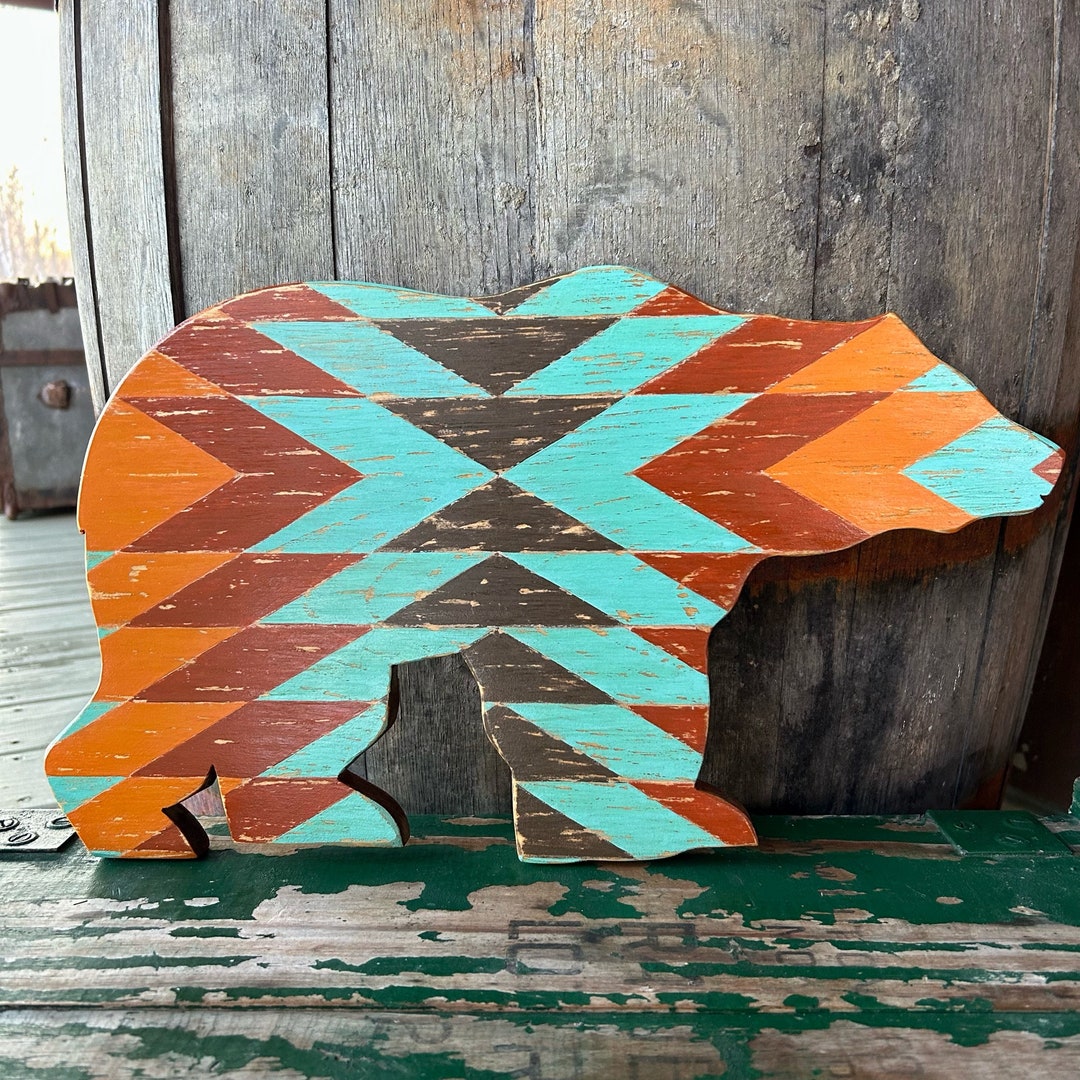 Bear Wall Art With Hand Painted Chevron Pattern. Southwestern Wall