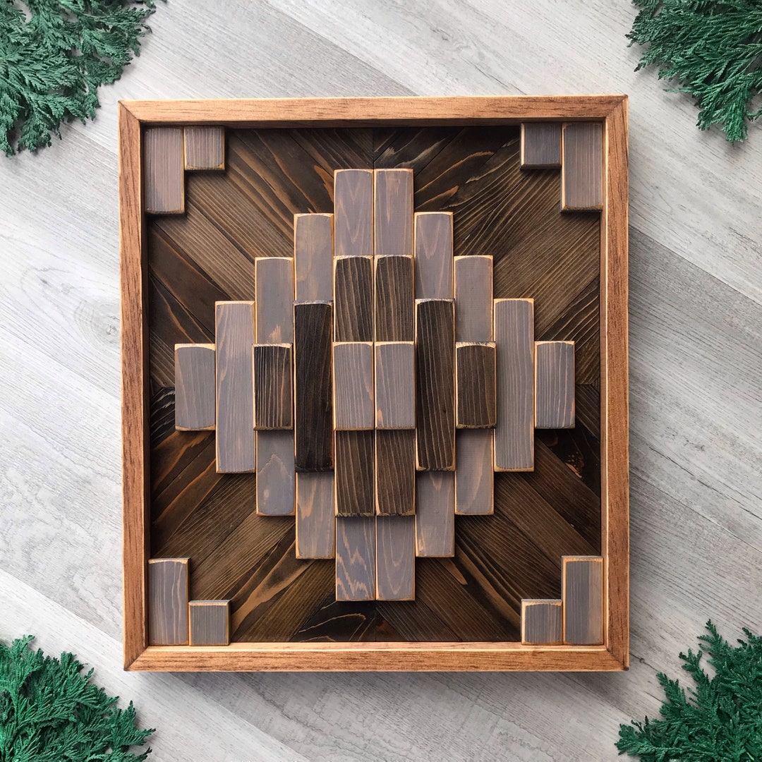 Rustic Aztec Wood Wall Art. 3D Textured Geometric Wall Decor. Tribal
