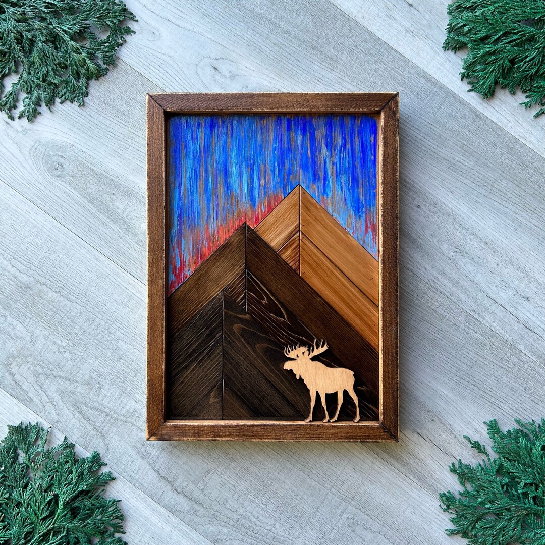 Rustic Mountain Wood Wall Art With Mountain Peaks, Blue Sky, and Moose