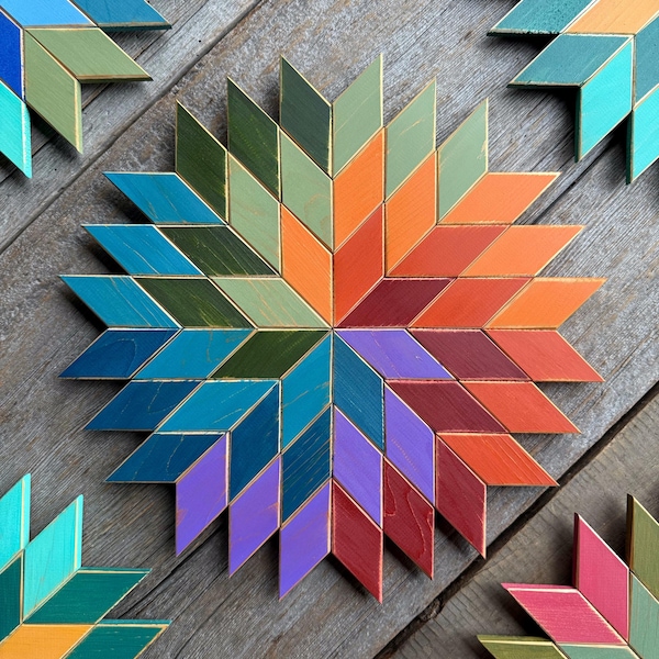 Wooden Star. Barn Quilt Art. Rustic Wood Wall Art. Geometric Art. Country Farmhouse Cottage Decor. Eclectic Boho Decor. Spiral Star Decor