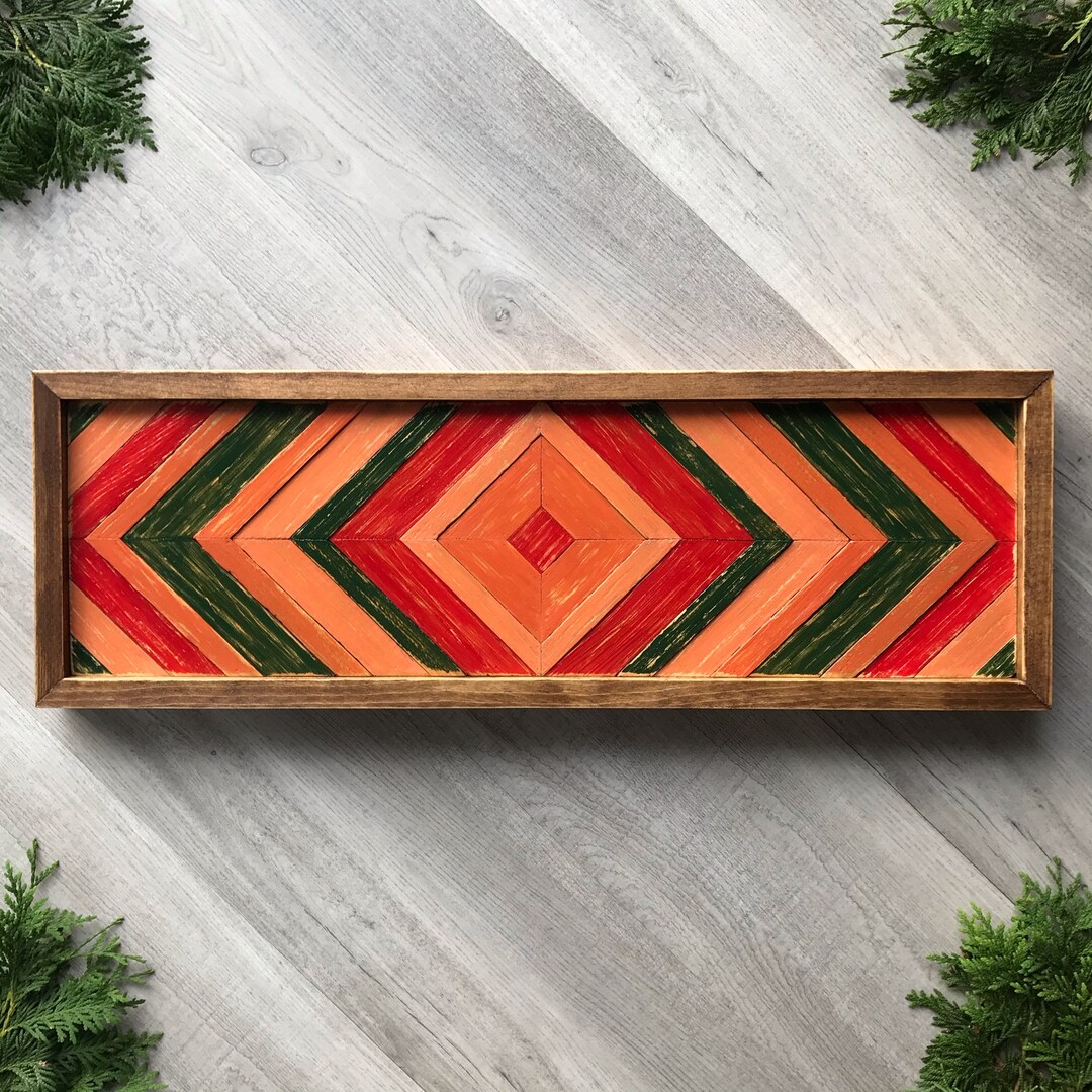 Rustic Aztec Wood Wall Art With Geometric Pattern. Southwestern Desert Color Palette. Western