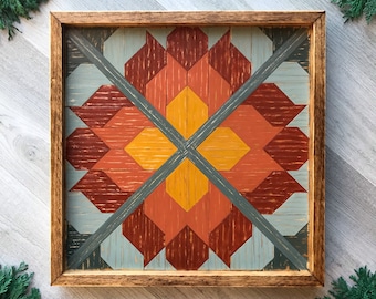 Rustic Wood Wall Art with Decorative Geometric Pattern in Warm Earth Tones. Wooden Barn Quilt. Colorful Mosaic Wall Decor for your Home
