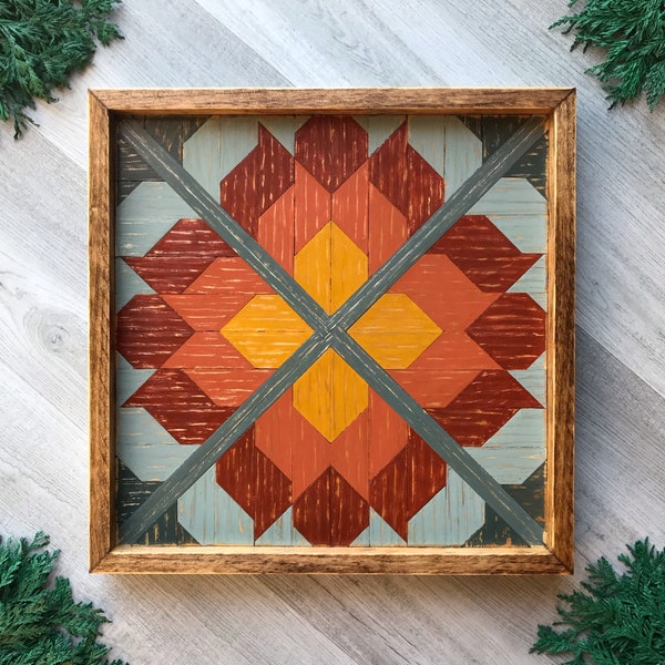 Rustic Wood Wall Art with Decorative Geometric Pattern in Warm Earth Tones. Wooden Barn Quilt. Colorful Mosaic Wall Decor. Unique Gift Ideas