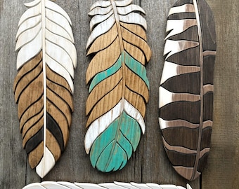 Feather. Feather Art. Feather Wall Decor. Boho Decor. Wooden Feather with Turquoise, White, and Wood Tones. Gift for Friend. Wood Wall Art