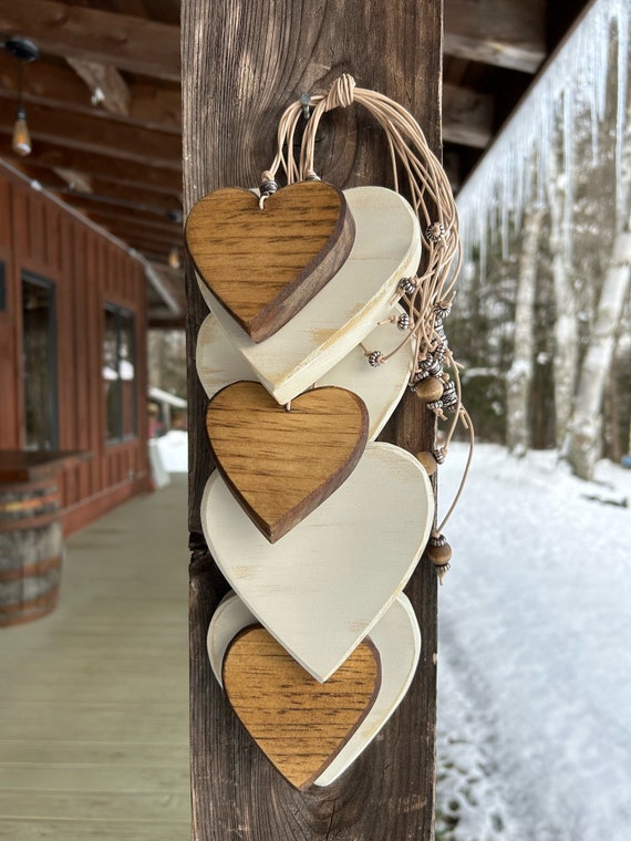 Wooden Heart Decor. Rustic Heart Wall Hanging. 7 Painted Wood Hearts.  Wedding Anniversary Gift. Heart Shaped Ornaments. Rustic Home Decor 